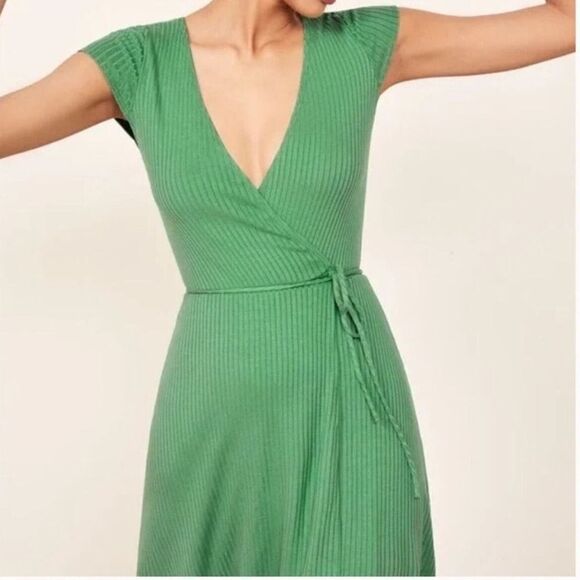Reformation Green Ribbed Wrap Sundress Size S - Picture 7 of 8